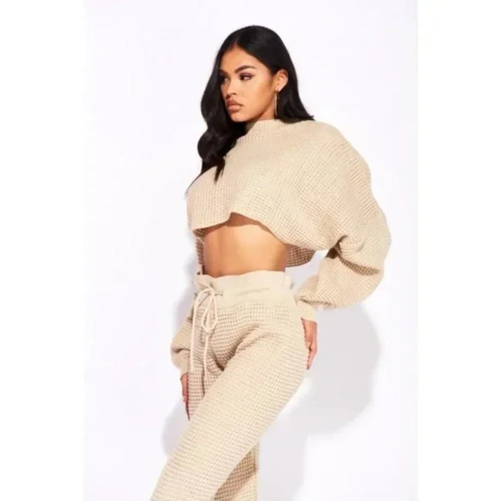 Beige Knitted Long Sleeve Sweater Crop Top and High Waist Pants Two Piece Set - Picture 14 of 17